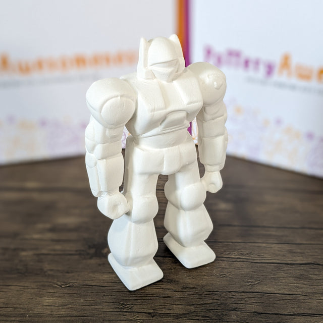 Unpainted pottery bisque robot, front view